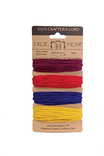 Hemptique Shades of Hitze Hanf Kordel, Jute, Magenta/rot/royal blau/gelb, 20ÃÂÃÂ lb, 1,5ÃÂÃÂ mm, 9.1ÃÂÃÂ m, Set von 4