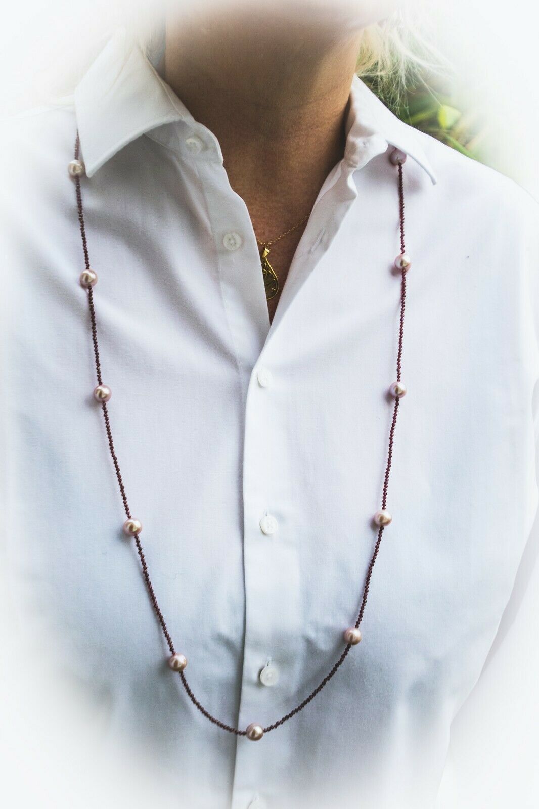GARNET CHAMPAGNE Traumhafte facettierte Granate mit Zuchtperlen in 108 cm Länge