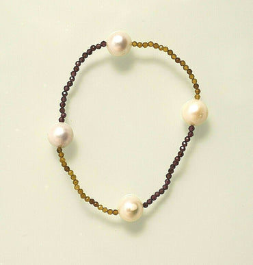 "FANTASY" Armband Facettierte 3 mm Granate und Karneole mit 4 weißen Zuchtperlen
