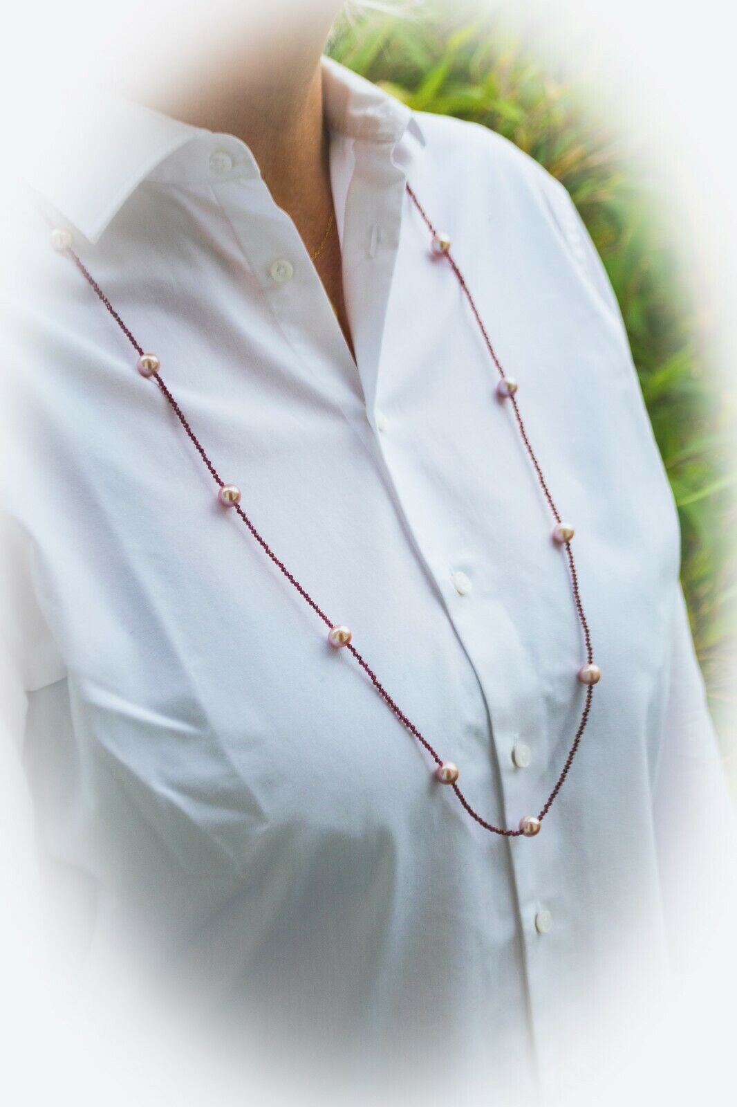 GARNET CHAMPAGNE Traumhafte facettierte Granate mit Zuchtperlen in 108 cm Länge