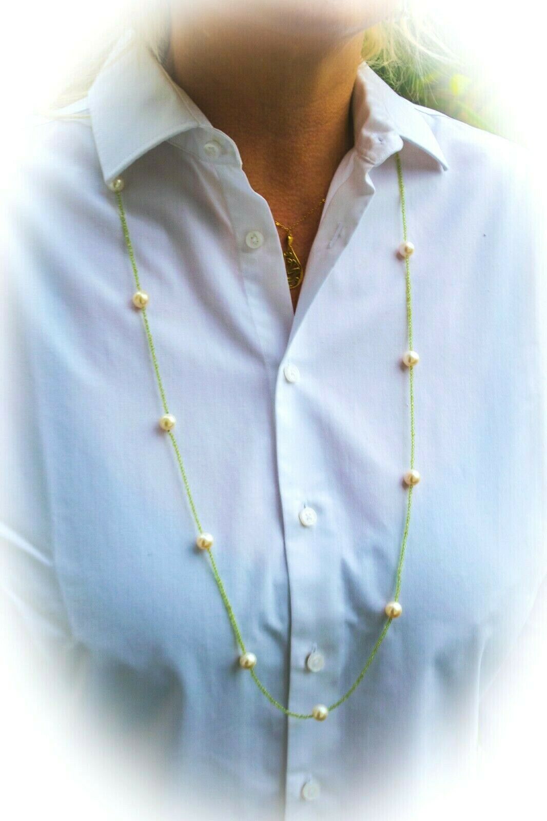 OLIVIN PEARL STAR Peridot Kette 2,5mm facettiert mit 15 Zuchtperlen 107 cm Länge