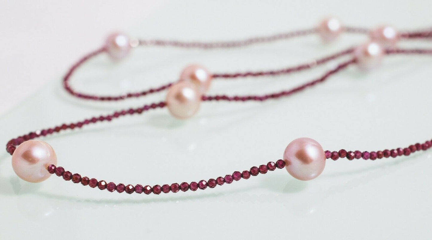 GARNET CHAMPAGNE Traumhafte facettierte Granate mit Zuchtperlen in 108 cm Länge