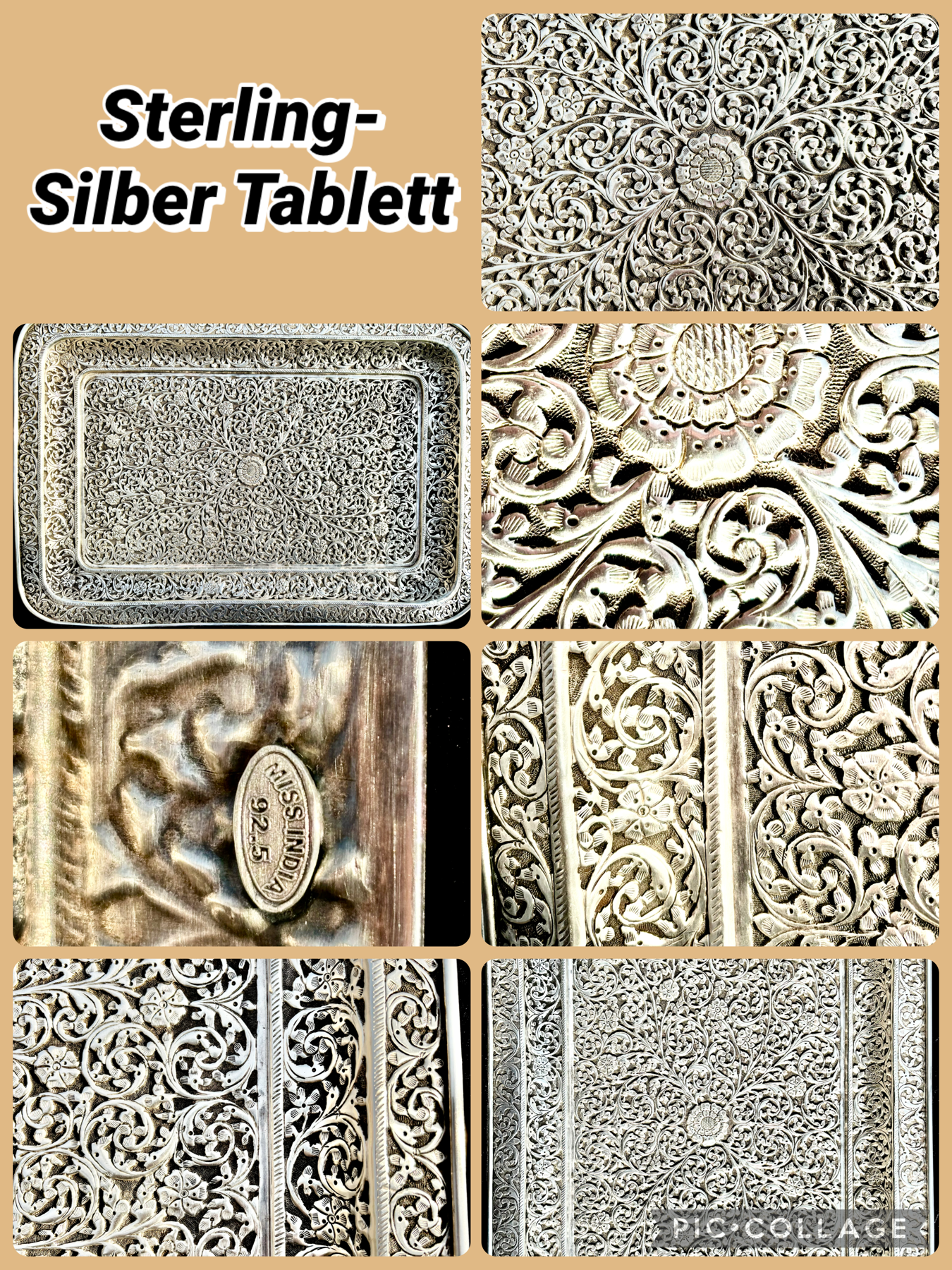 Wunderschönes Sterling-Silber Tablett 1486 g handgearbeitet in Repoussé-Technik